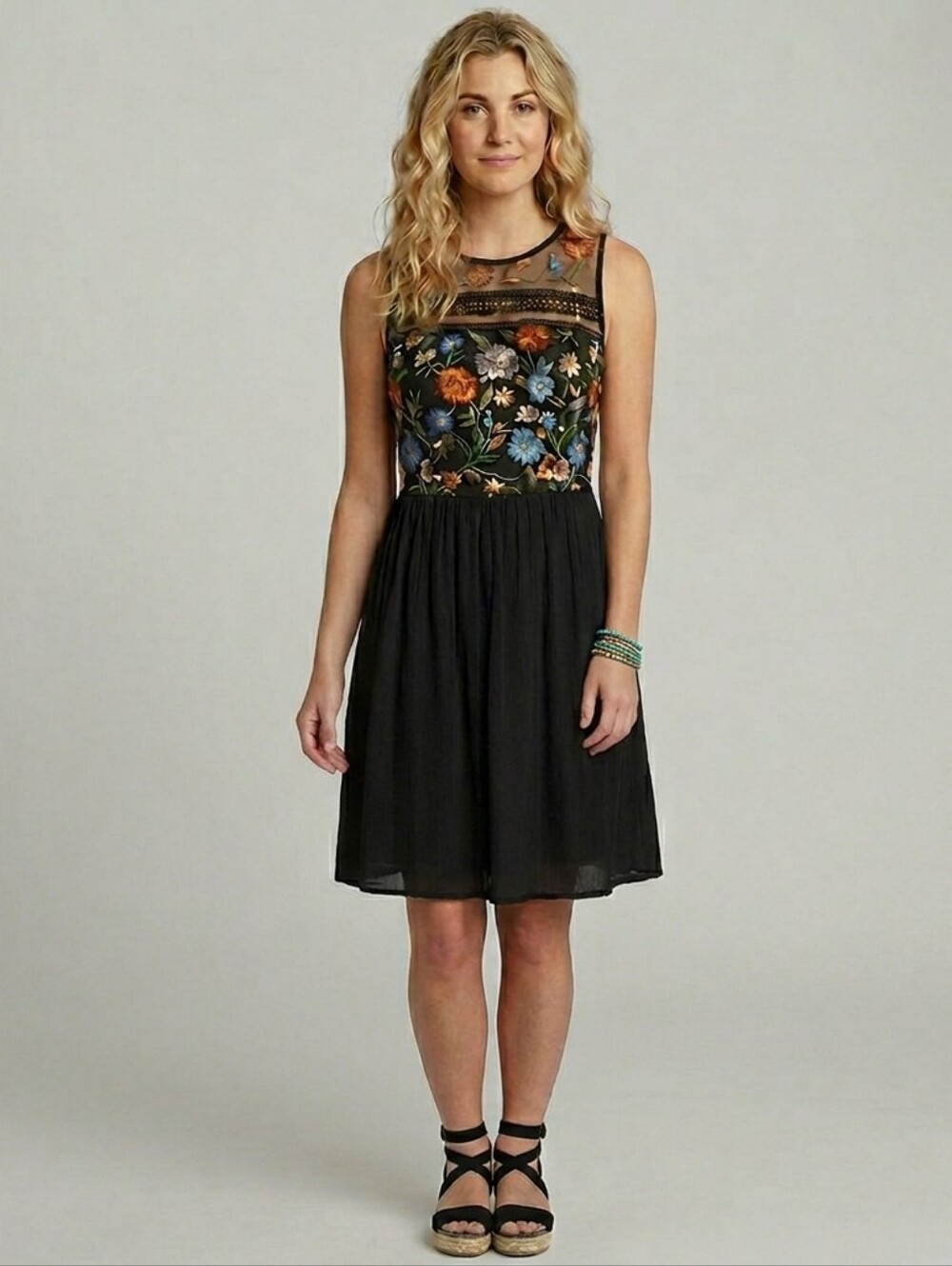 ​AGB Embroidered Mesh Floral Illusion Dress Black Size 10 Fit & Flare